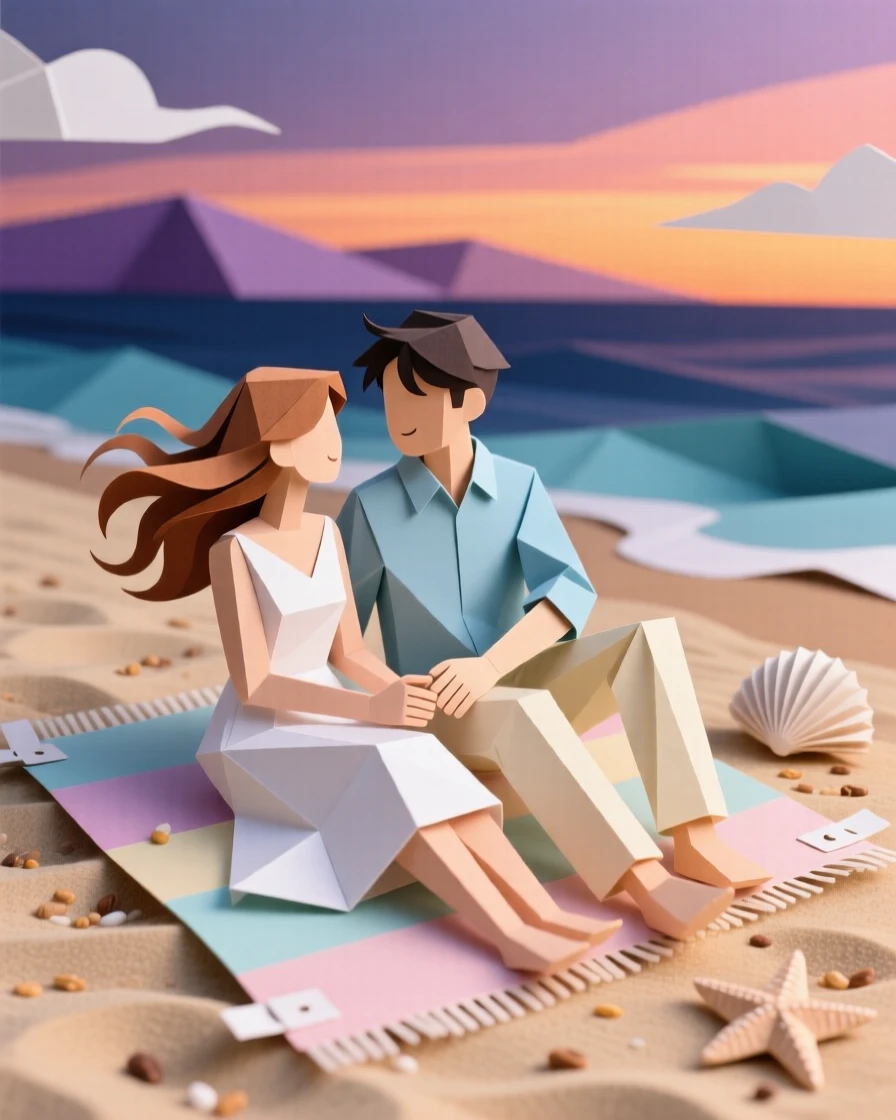 A pair of newlyweds relaxing on a sandy beach at dusk, with a light breeze catching loose hair and fabric, capturing pure joy and togetherness.