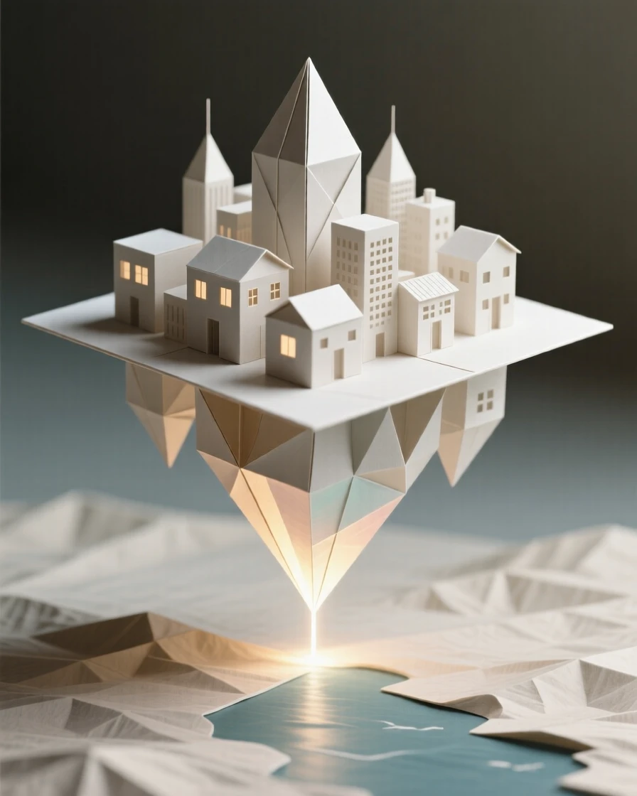 A floating city connected to the ground by a single glowing beam of light.