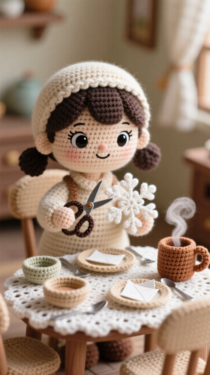 a little girl making paper snowflakes, with scissors and folded paper, unfolding a delicate finished snowflake, in a homely dining room set for a family meal, with a steaming mug resting on a small table nearby, radiating a peaceful sense of home and belonging.