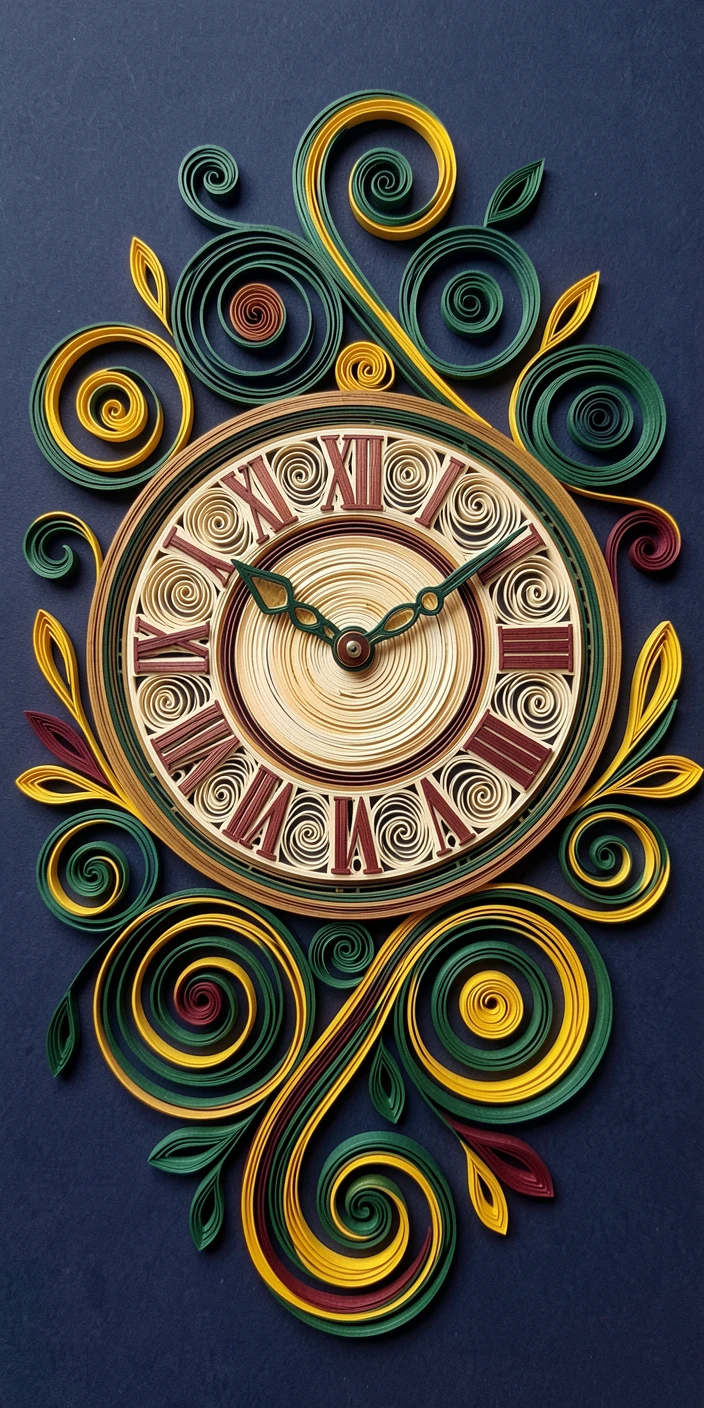 an ornamental clock face surrounded by curling vines, displayed against a deep navy backdrop, spiraling outward in a hypnotic rhythm, with fine hair-thin linework throughout.