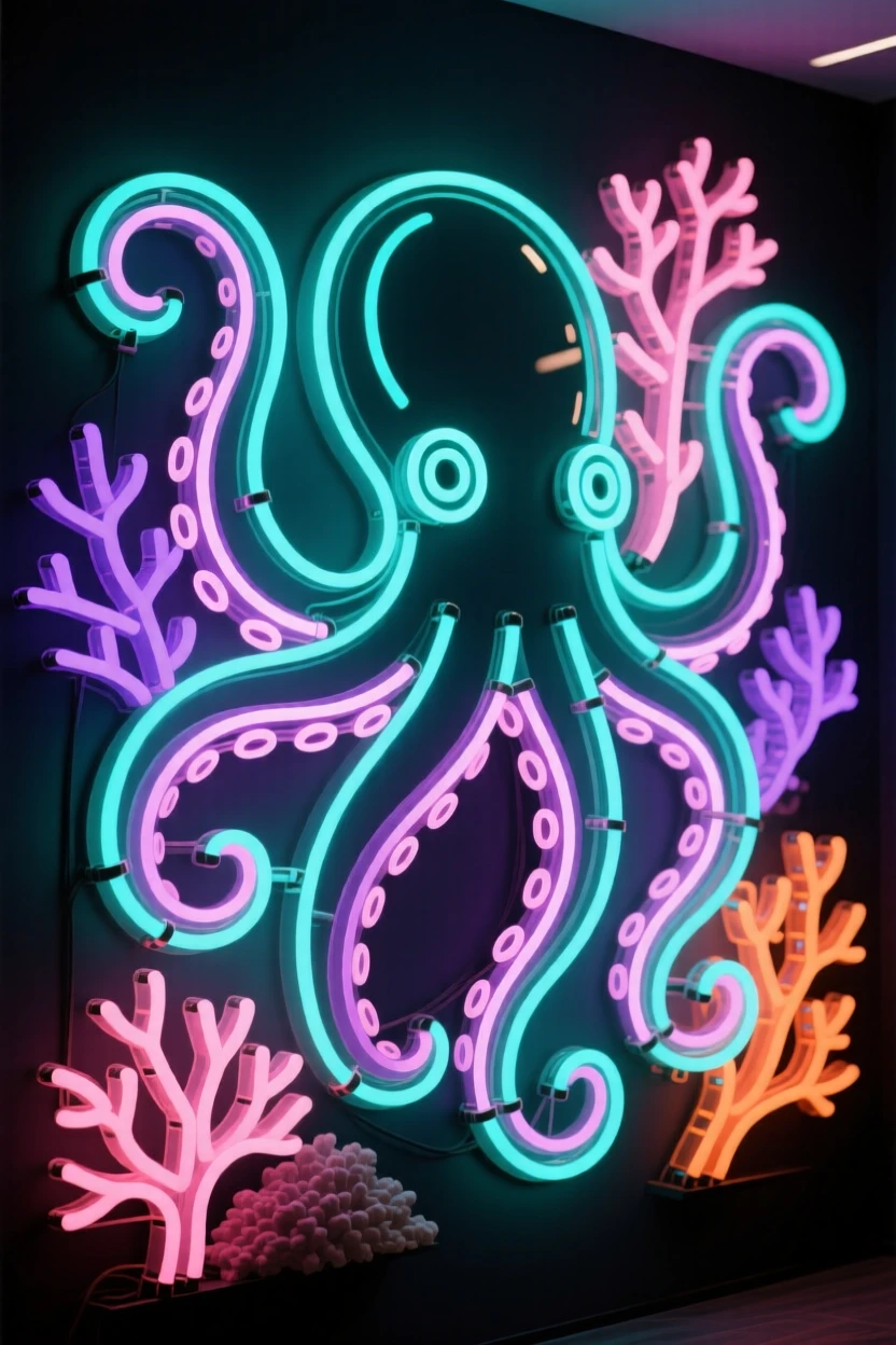 A giant octopus camouflaged among coral formations.