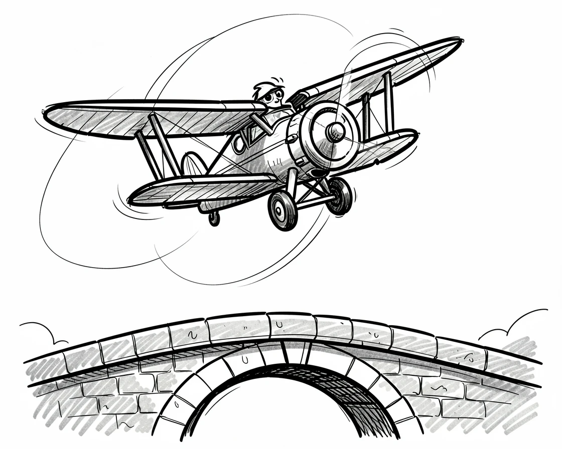 A biplane doing a loop in the sky crossing an old stone bridge.