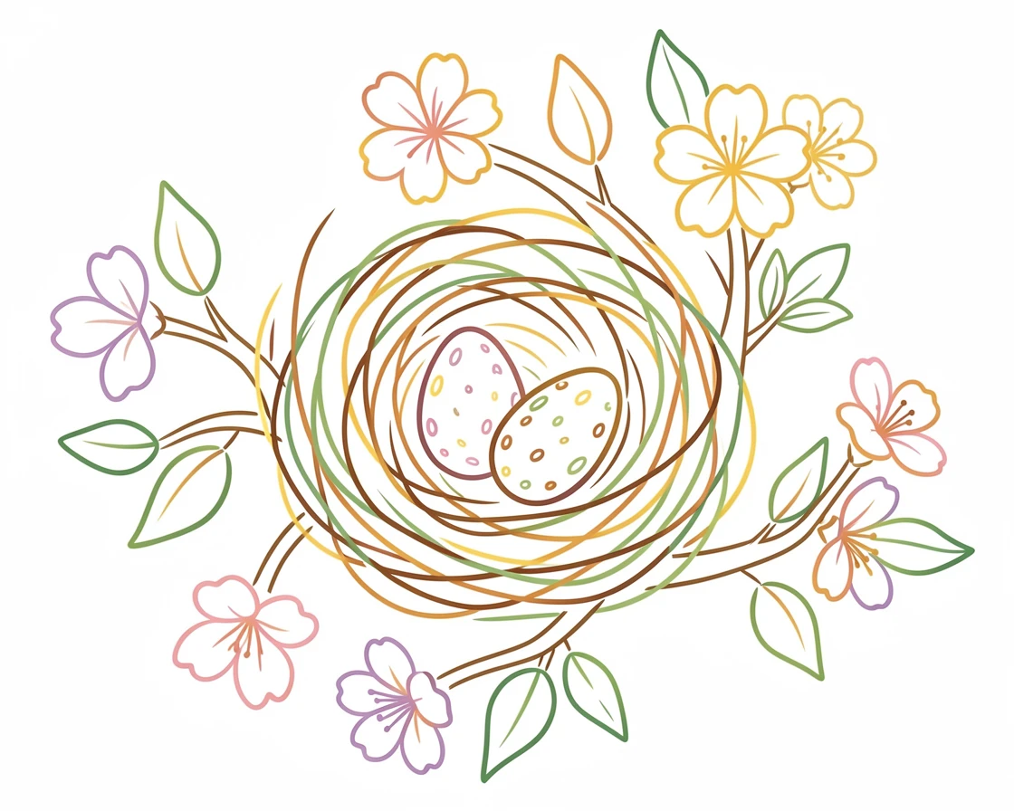 A spring bird's nest with speckled eggs tucked into a blossoming tree.