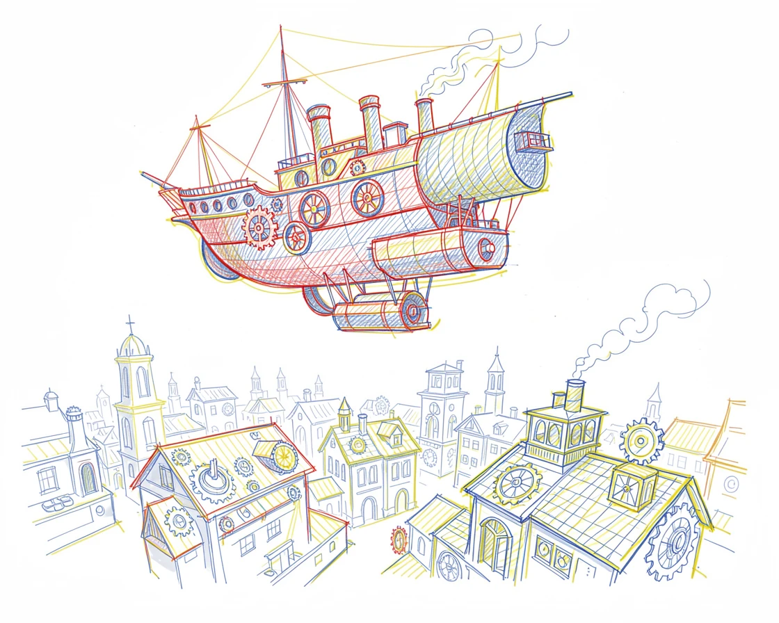 A steampunk airship drifting above a sprawling clockwork city