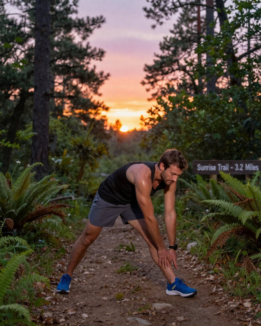 A runner stretching before a sunrise trail run