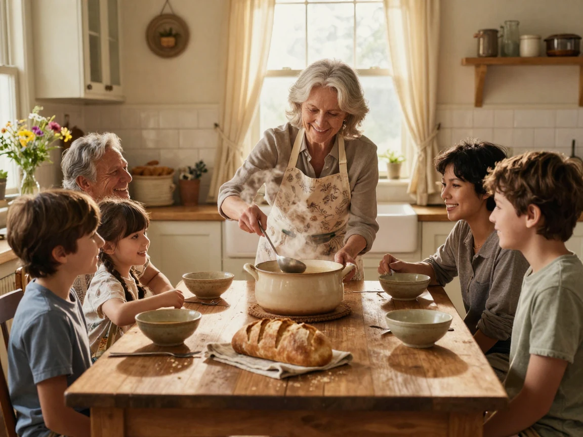 A grandmother ladles homemade broth into bowls for a family gathered at her table.