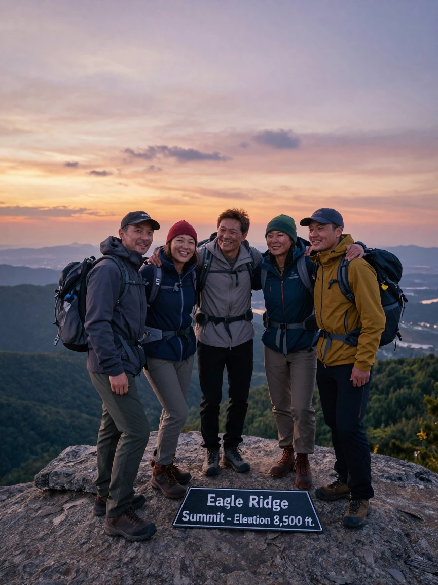 A group of hikers reaching a mountain summit together, arms around each other in celebration