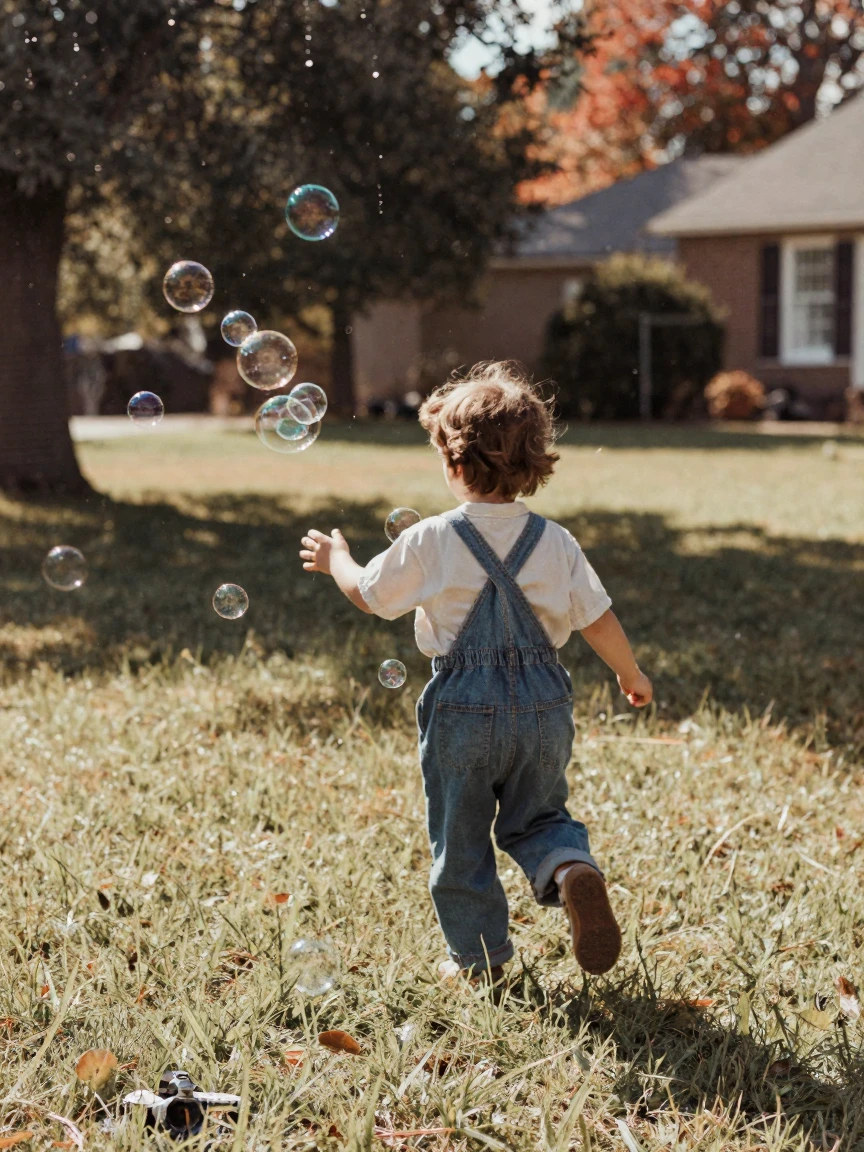 A child chasing bubbles across a sunlit lawn, under harsh midday sun, in still, windless air, in the mild days of early autumn, with muted olive and rust colors, through a rain-streaked window.