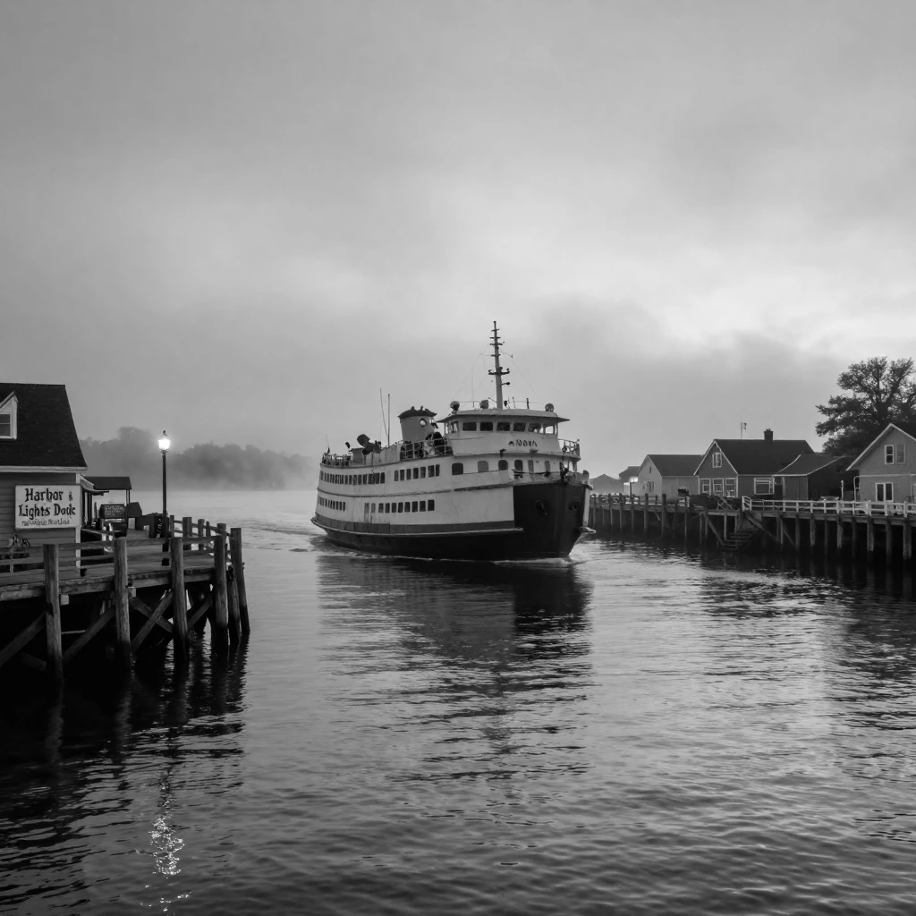 A ferry crosses a misty harbor at dawn between two coastal towns.