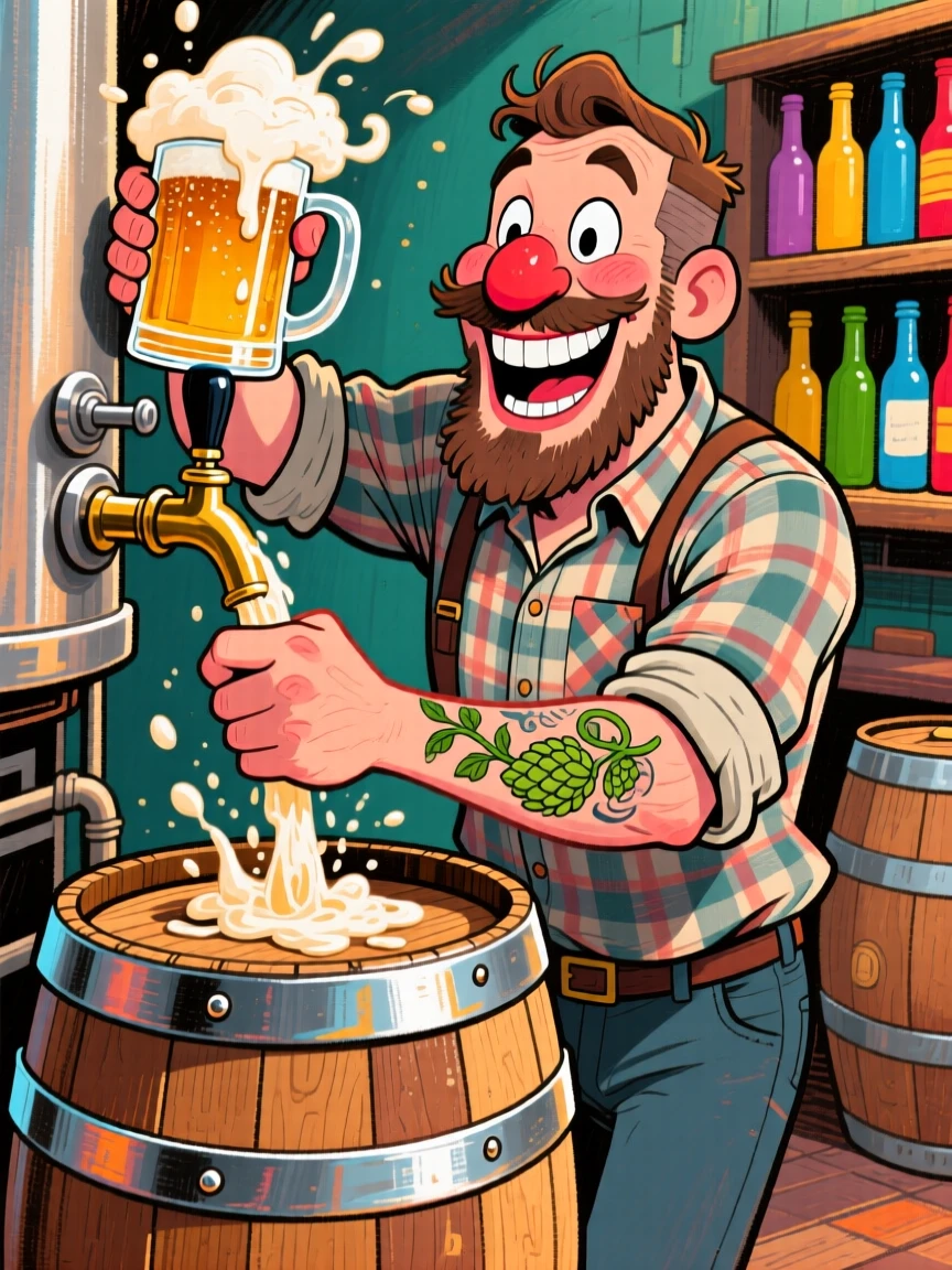 A brewery owner tapping a fresh keg, foam spilling over into a mug.