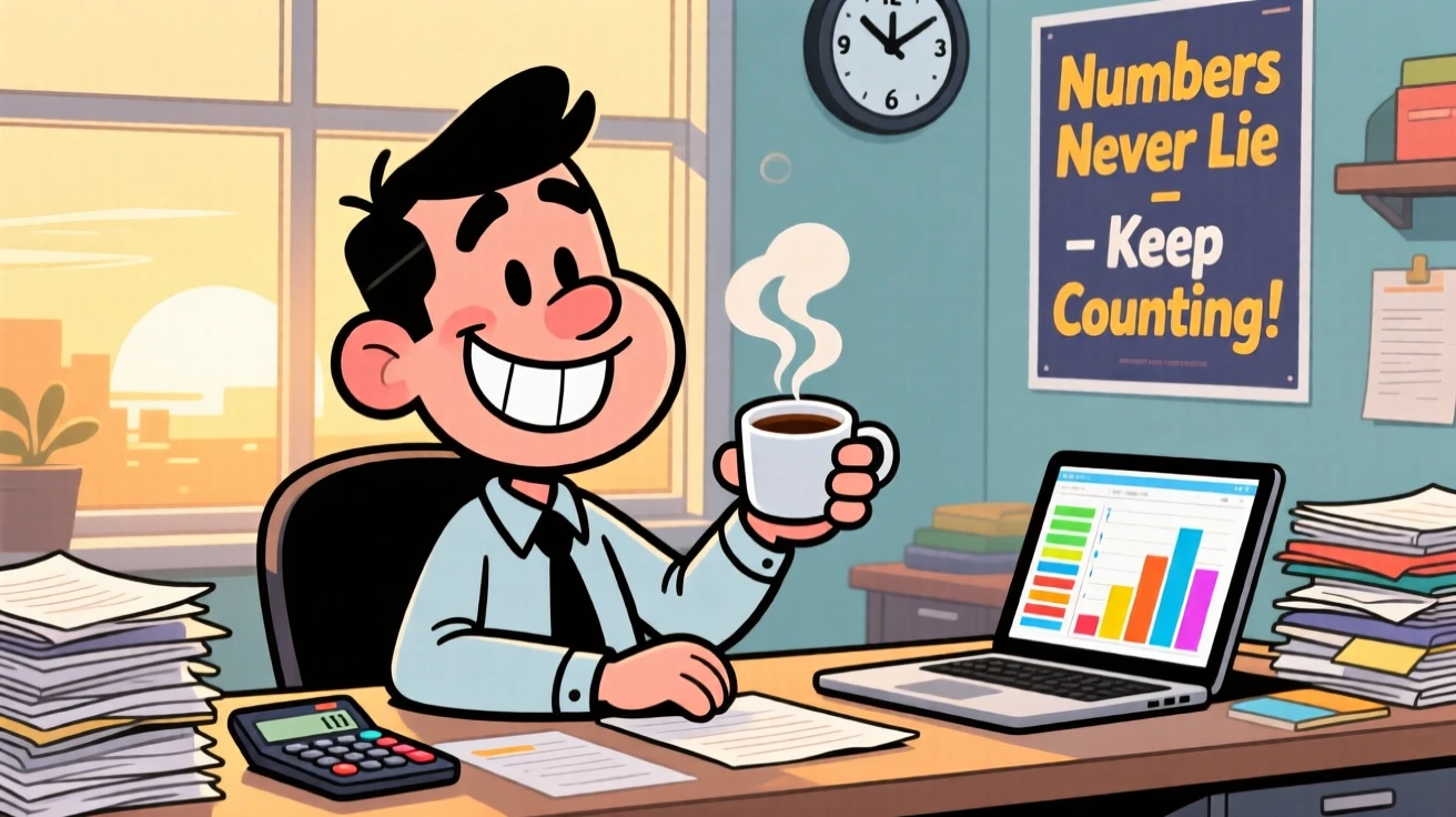 A vibrant profession-themed portrait of a diligent accountant taking a well-earned break with a proud grin, at the crack of dawn with coffee in hand.