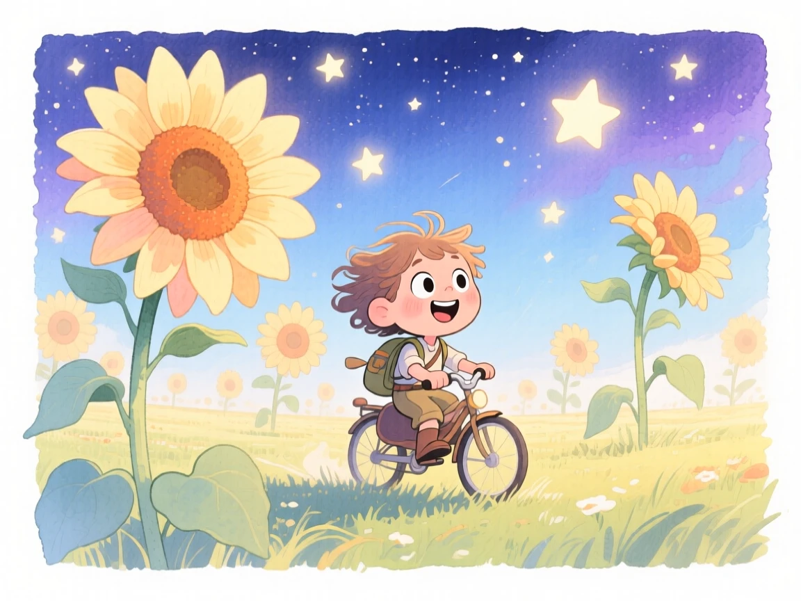 A time-traveling adventurer riding through a field of giant sunflowers under starlight