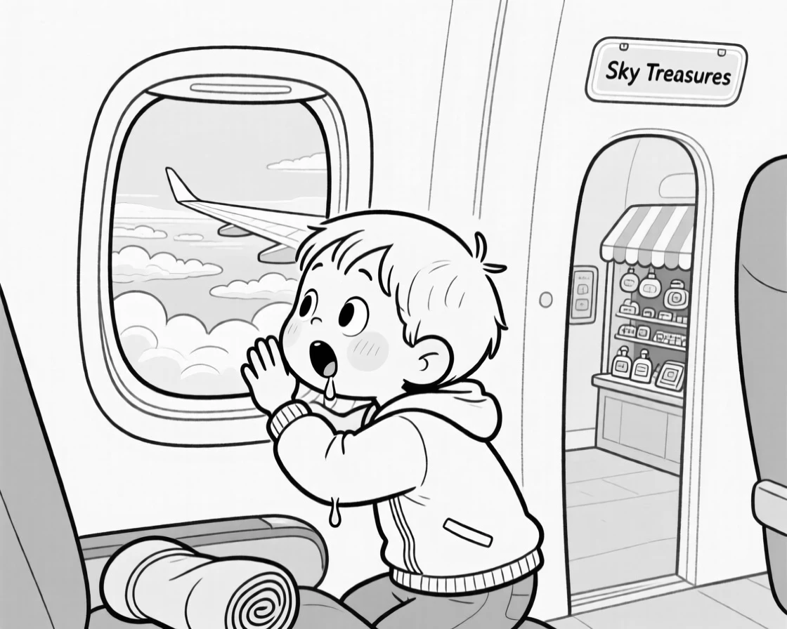 A child pressing his face against an airplane window, drooling slightly onto a rolled-up jacket, set thirty thousand feet above rolling clouds. A tiny souvenir shop peeks around the corner. There's a light, adventurous spirit running through the moment.