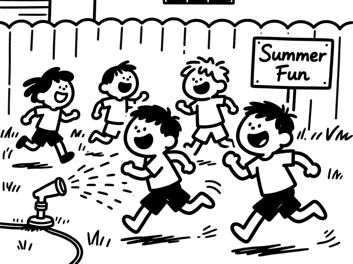 A heatwave scene of kids running through a backyard sprinkler, shrieking with joy.