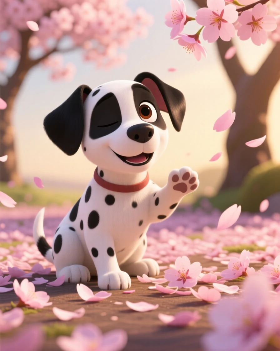 A spotted dalmatian puppy is playing among fallen cherry blossom petals, blinking sleepily at the camera. The scene feels warm and heartwarming, with a faint smile-like expression.