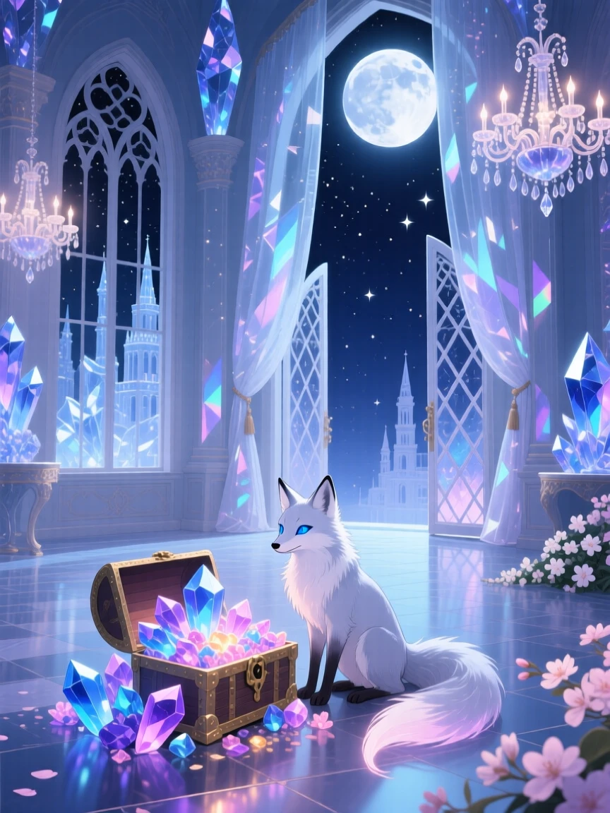 In a castle made of crystal, a moonlit fox spirit discovers a moment of wonder while guarding a treasure of glowing crystals, while a gentle breeze carries the scent of flowers.