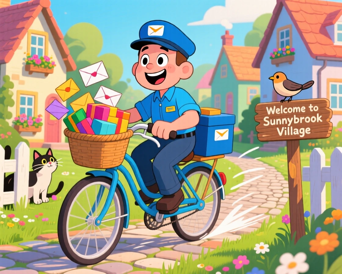 A postal worker delivering letters on a bicycle through a village.