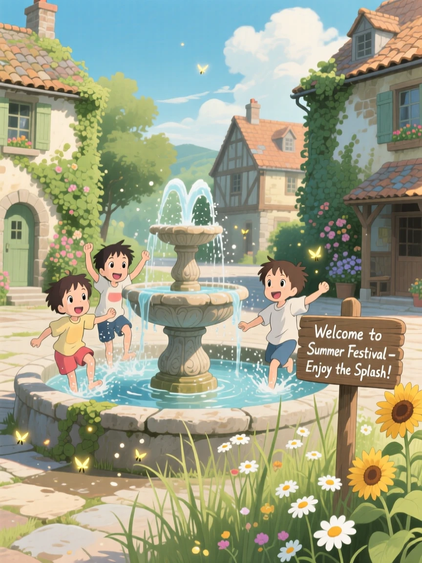 A summer scene of kids splashing in a fountain on a hot afternoon, as small details of the season fill every corner.