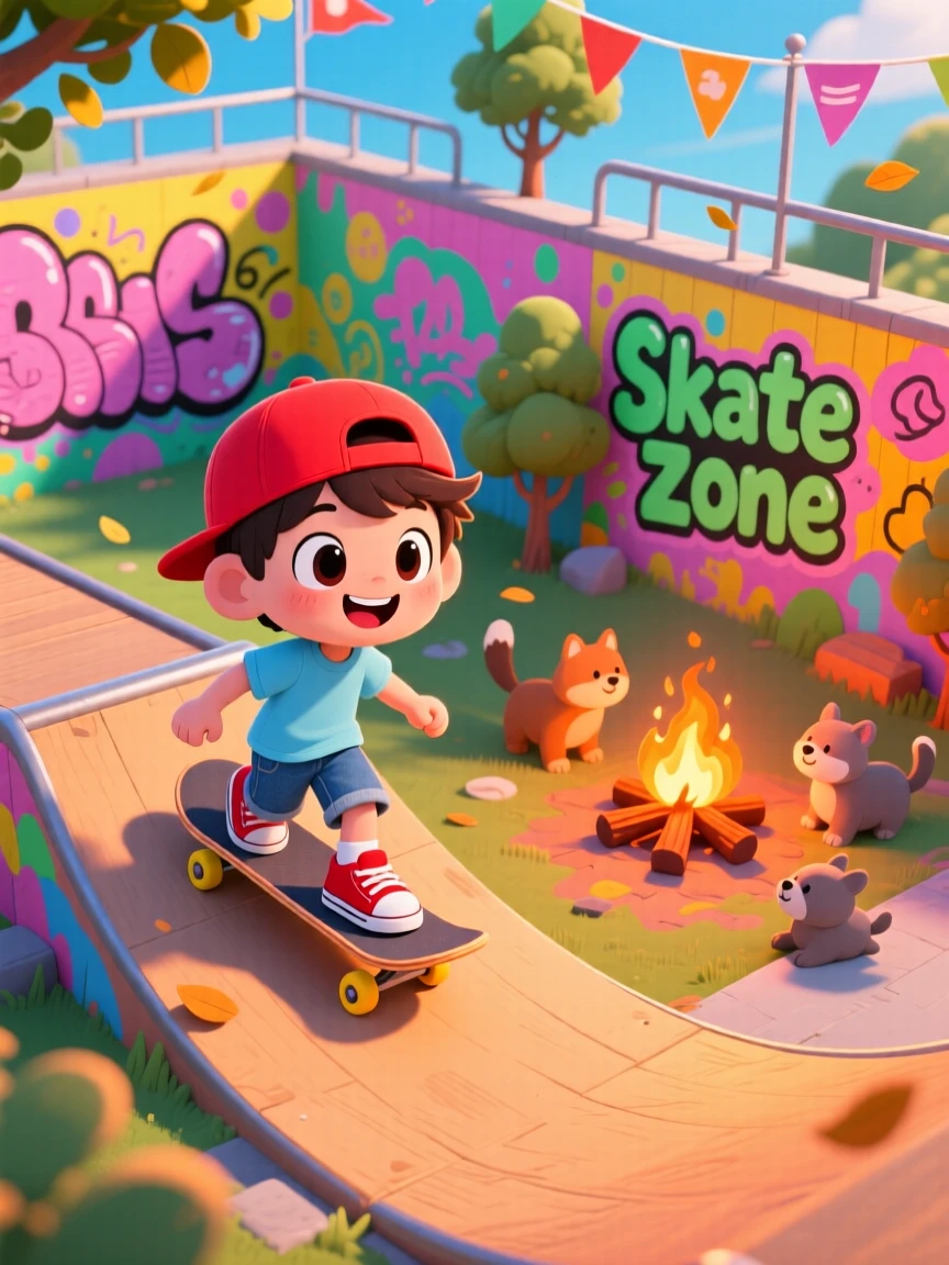 Bird's-eye view of a small boy, riding a skateboard down a gentle ramp, in a colorful skate park, during a light summer breeze, illuminated by cozy firelight, radiating warm affection.