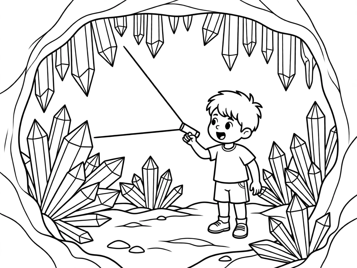 A child exploring a cave with a flashlight and finding sparkling crystals