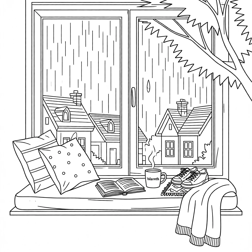 A window seat overlooking rain-streaked glass and rooftops, with soft morning light filtering through the leaves.