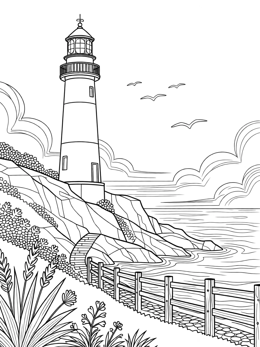 A lighthouse at the edge of a rocky coastline at sunrise.