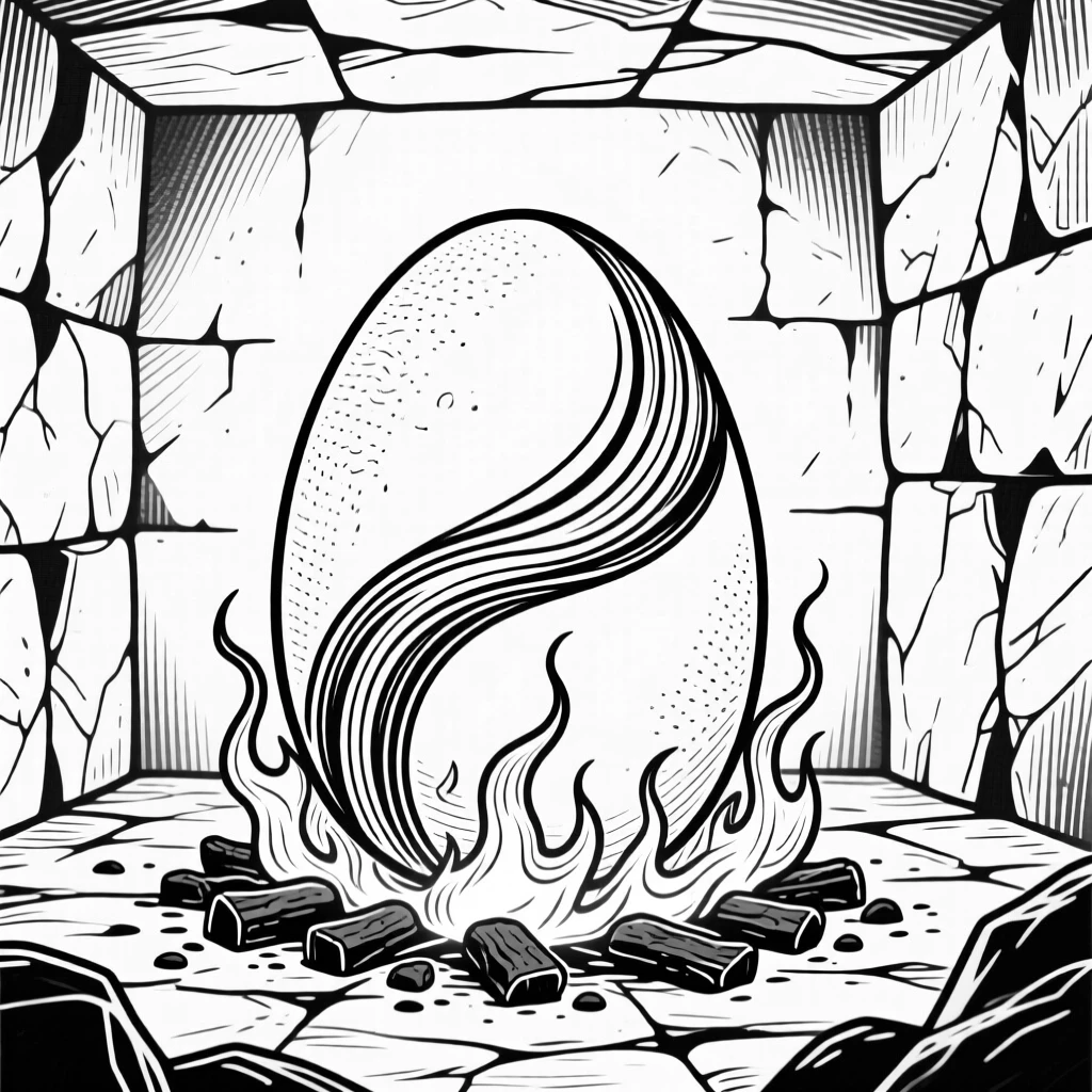 A dragon egg resting on a bed of glowing embers in a stone chamber.