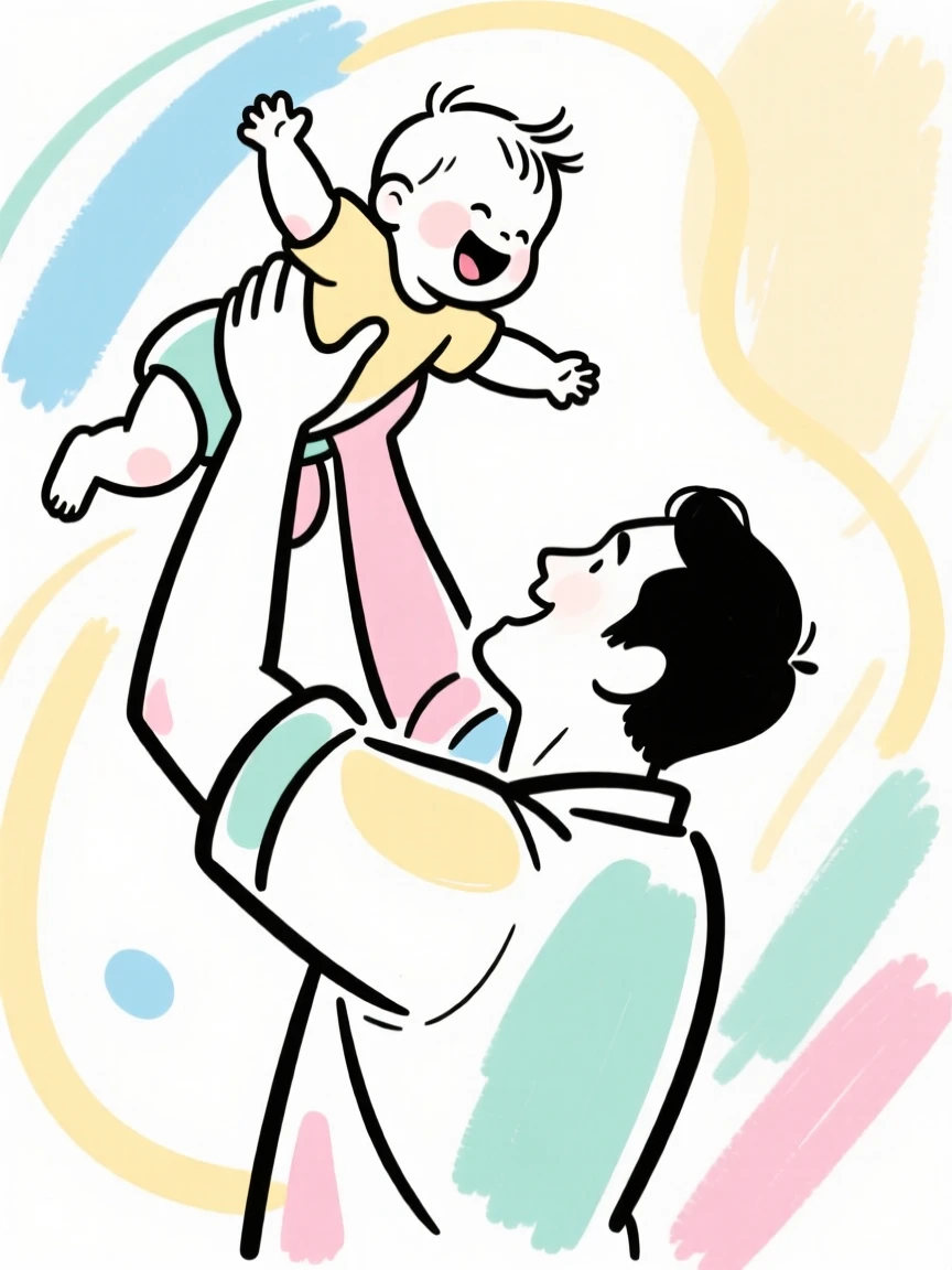 A father lifting his laughing toddler high into the air.