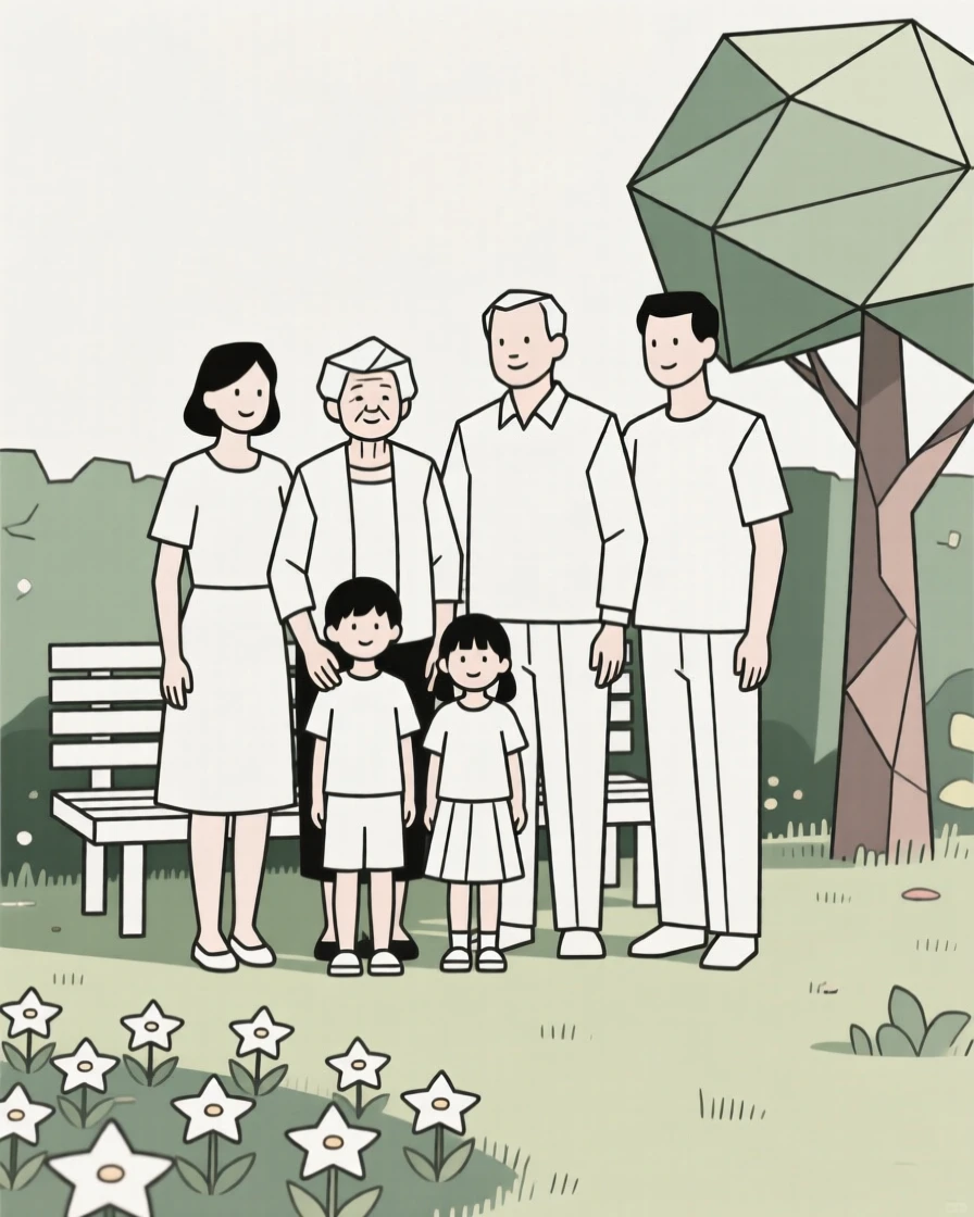 A multigenerational family posing for a portrait in a garden