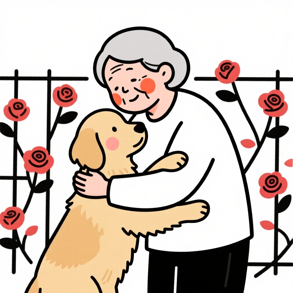 An elderly woman with a golden retriever puppy, sharing a tender embrace, beside a blooming rose trellis.