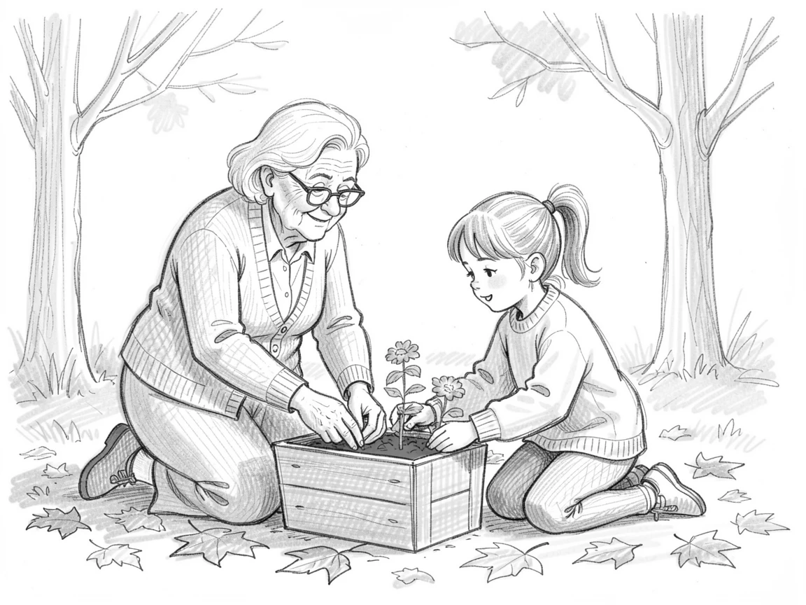 A heartwarming family moment: grandmother and granddaughter tending a garden on a golden autumn afternoon, wrapped in comfortable togetherness.