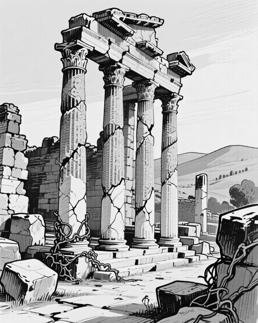 The ancient ruins of Ephesus with marble columns bathed in golden light.