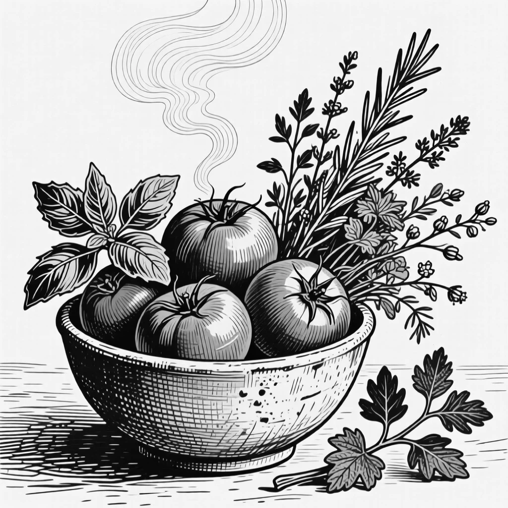 A bowl of ripe tomatoes and basil set beside a bouquet of fresh herbs, with steam rising gently into the air, presented in a richly appetizing culinary still life.