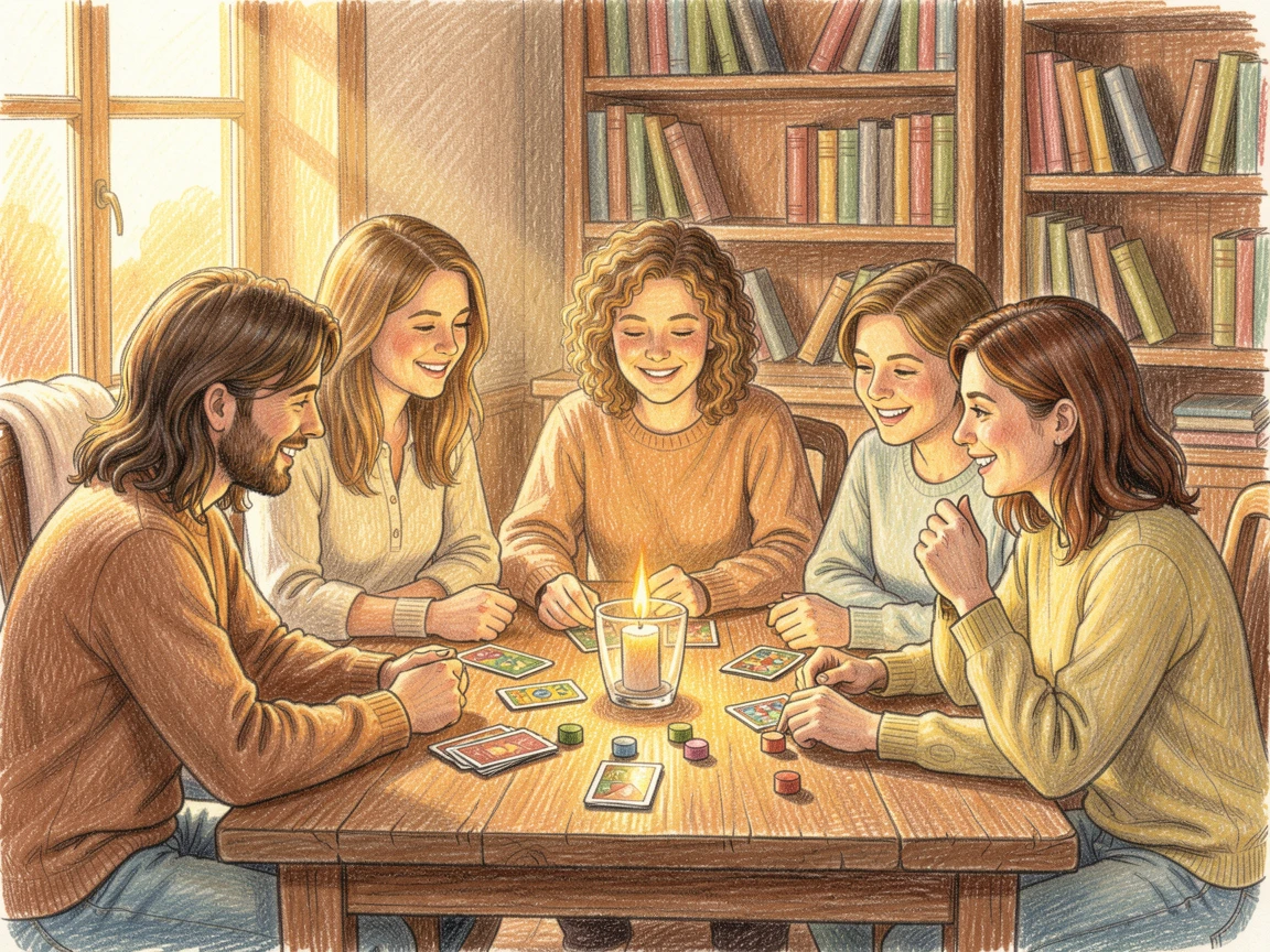 A cozy game night with friends gathered around a candlelit table, bathed in the warm glow of golden-hour light, radiating comfort, joy, and quiet beauty.