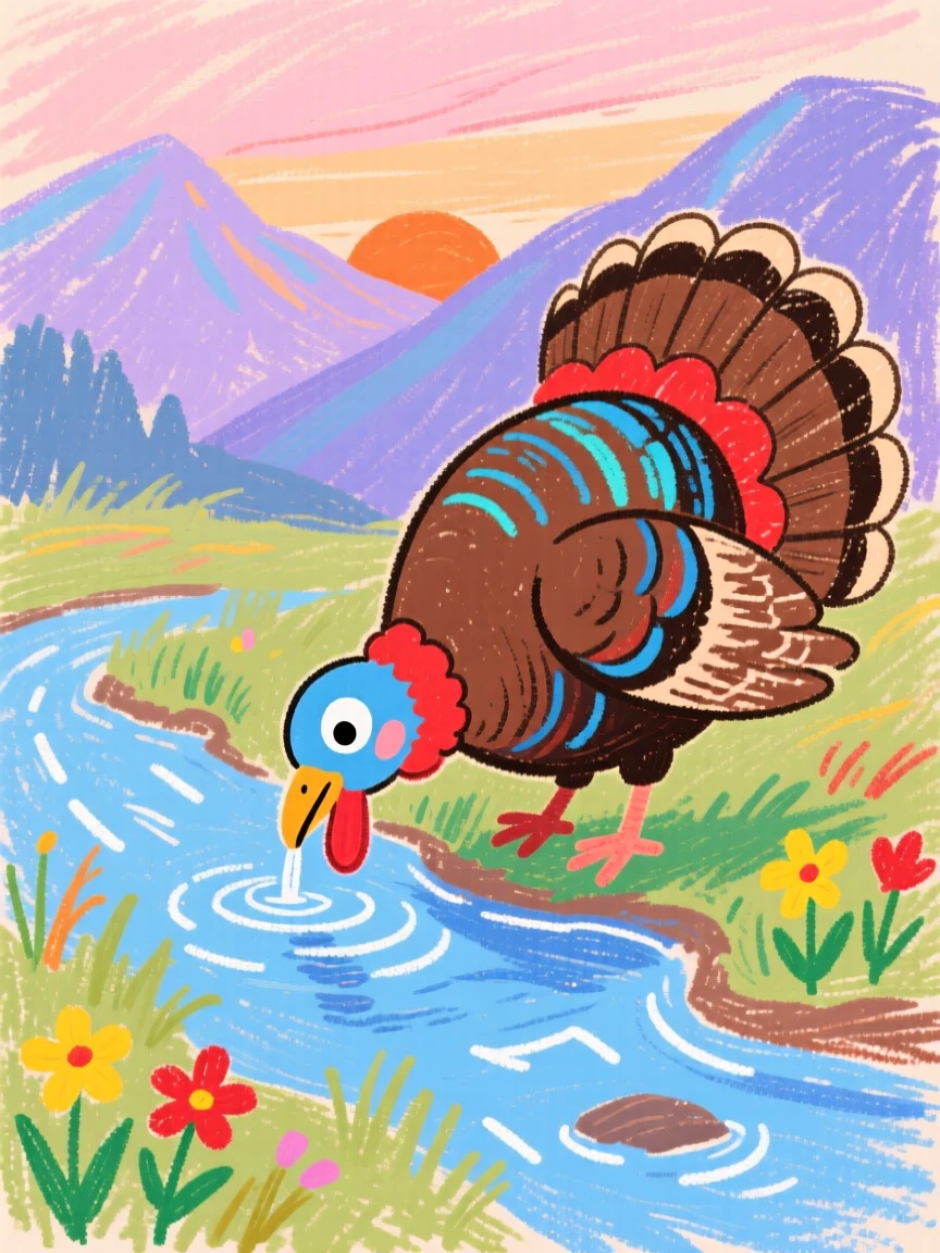 A wild turkey drinking from a clear mountain stream at dawn.