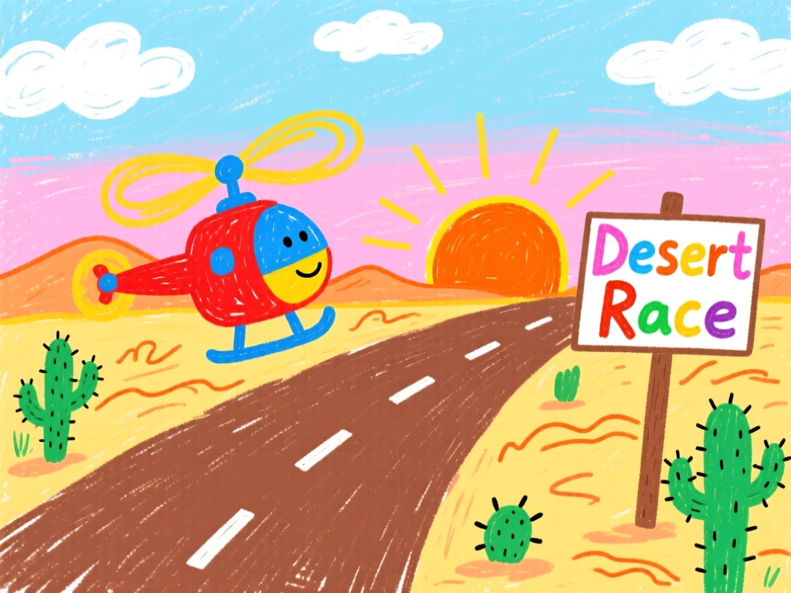 A nimble helicopter racing along a desert highway at sunrise.