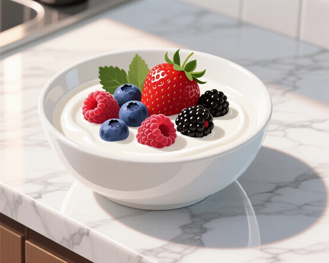 A bowl of fresh berries floating in creamy yogurt, placed atop a marble kitchen counter, framed closely to emphasize glossy, fresh textures, with a joyful, celebratory feel.