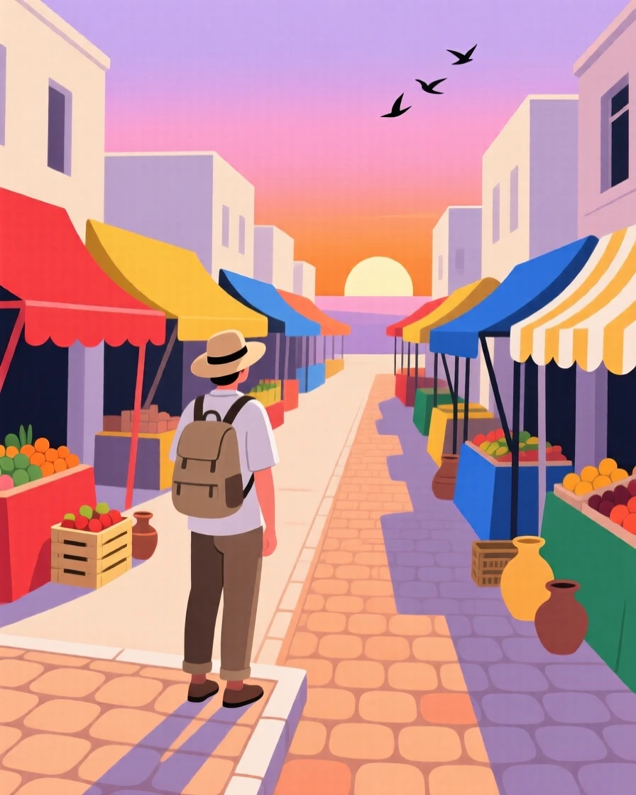 A traveler watching the sunset near a colorful market street.
