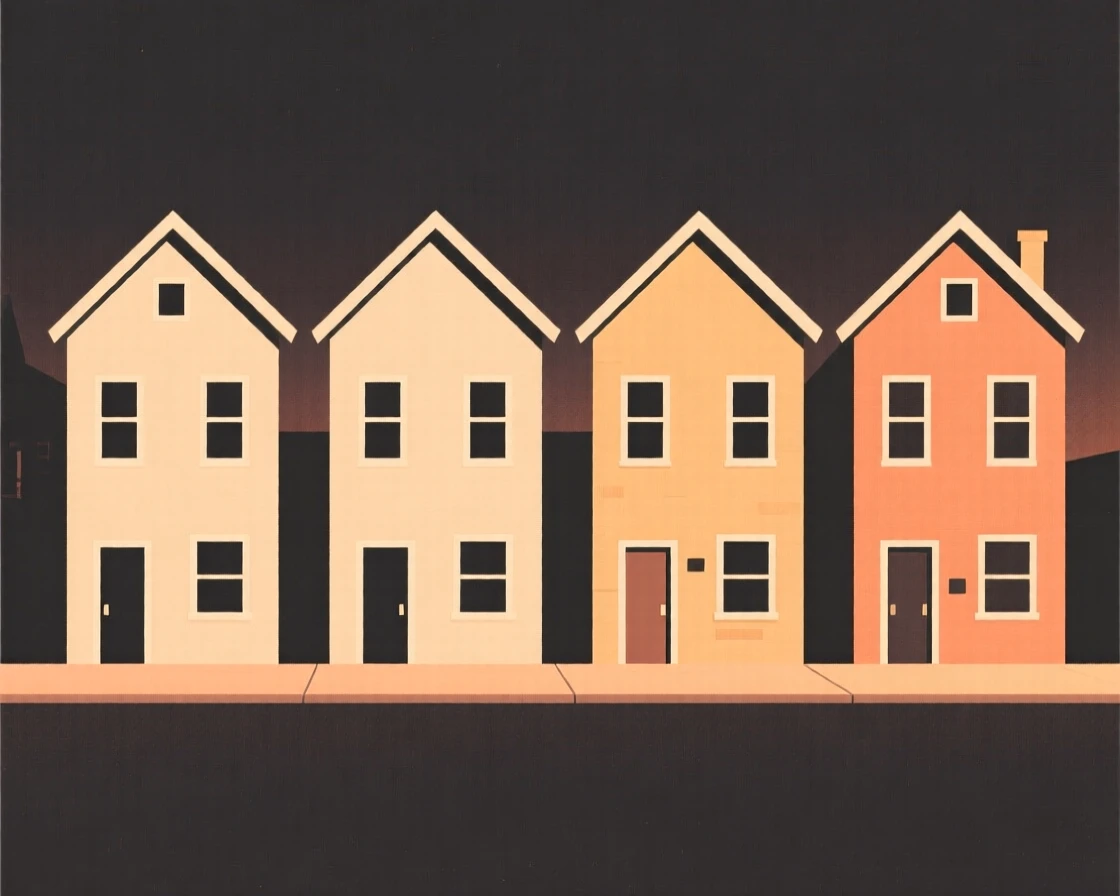 A row of townhouses, striking and prominent, stands in a bustling downtown plaza, surrounded by warm evening light, expressing peaceful order.