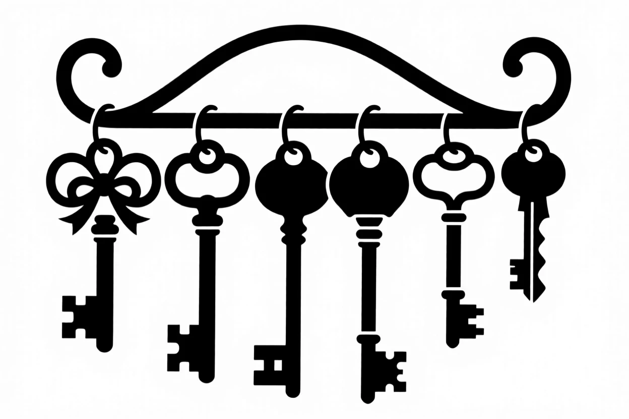A collection of old keys hanging on a hook.