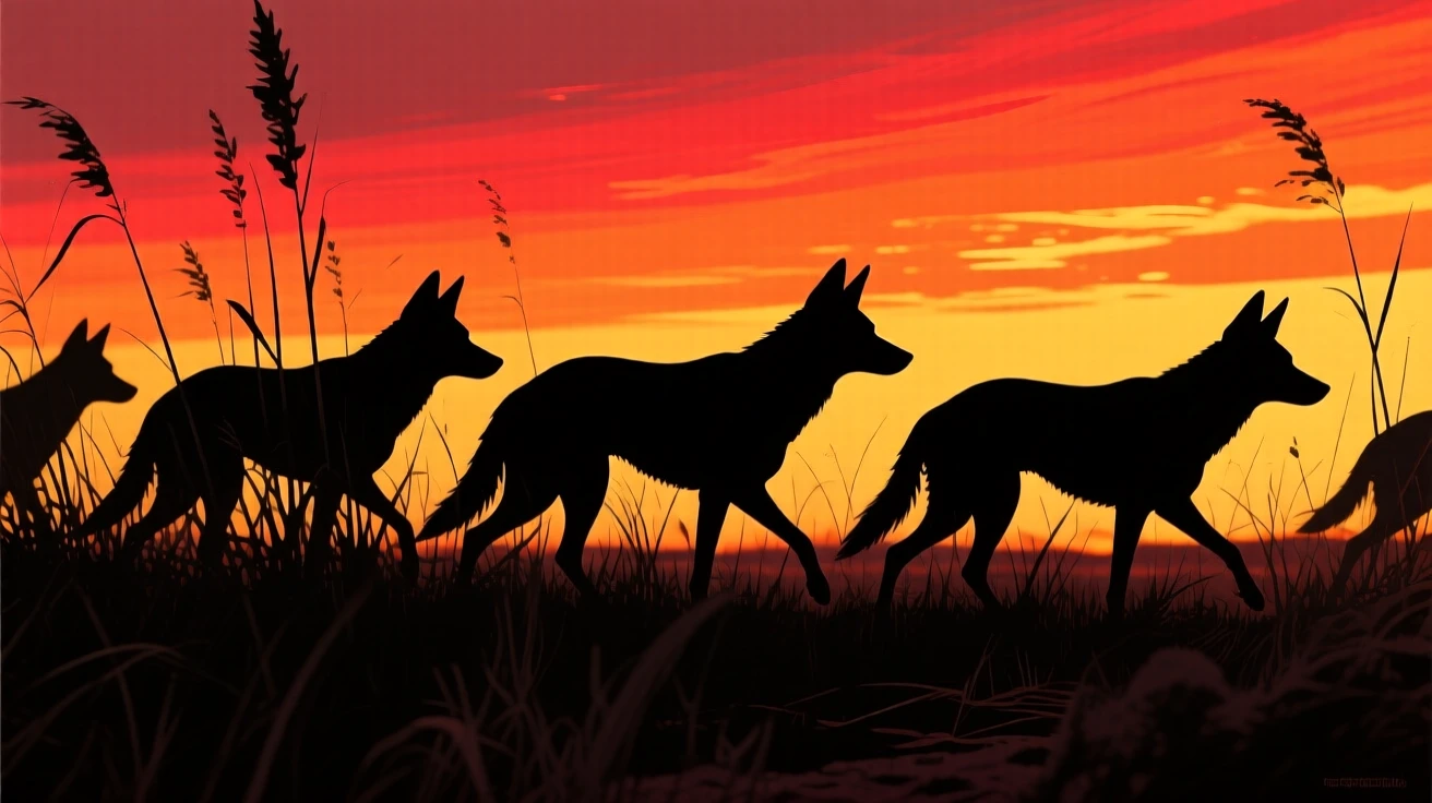 A pack of dingoes moving silently through tall outback grass.