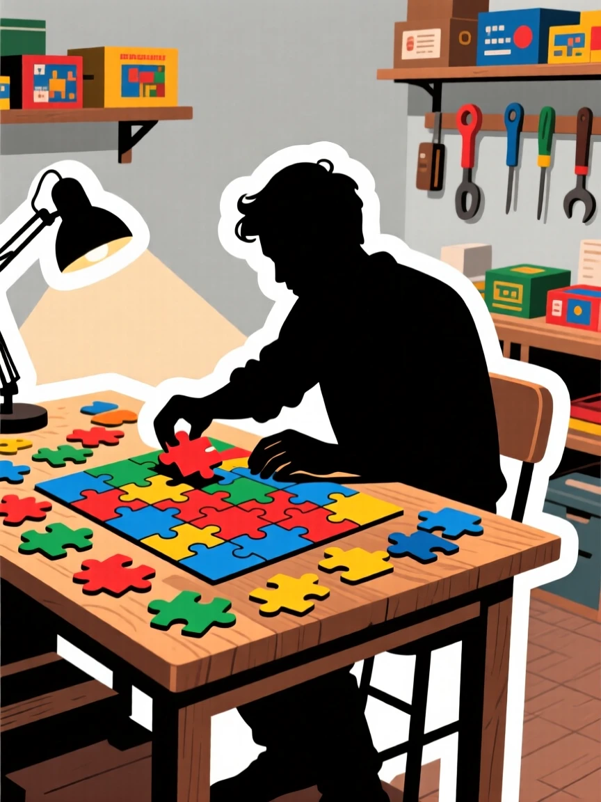 An intensely focused puzzle enthusiast completing a large jigsaw, with colorful materials spread all around, at a cozy neighborhood workshop.