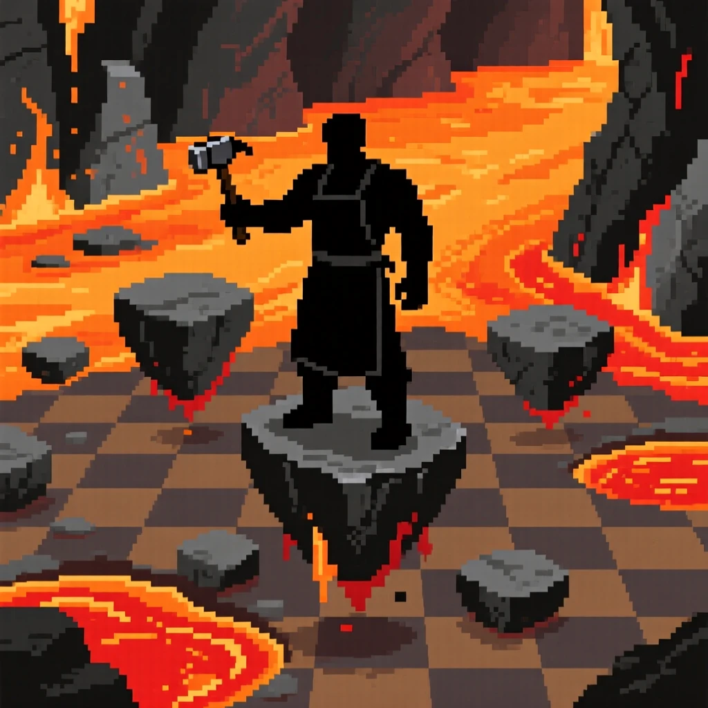 A village blacksmith crossing a lava-filled cavern on floating rocks, on a checkerboard battlefield of tiles.