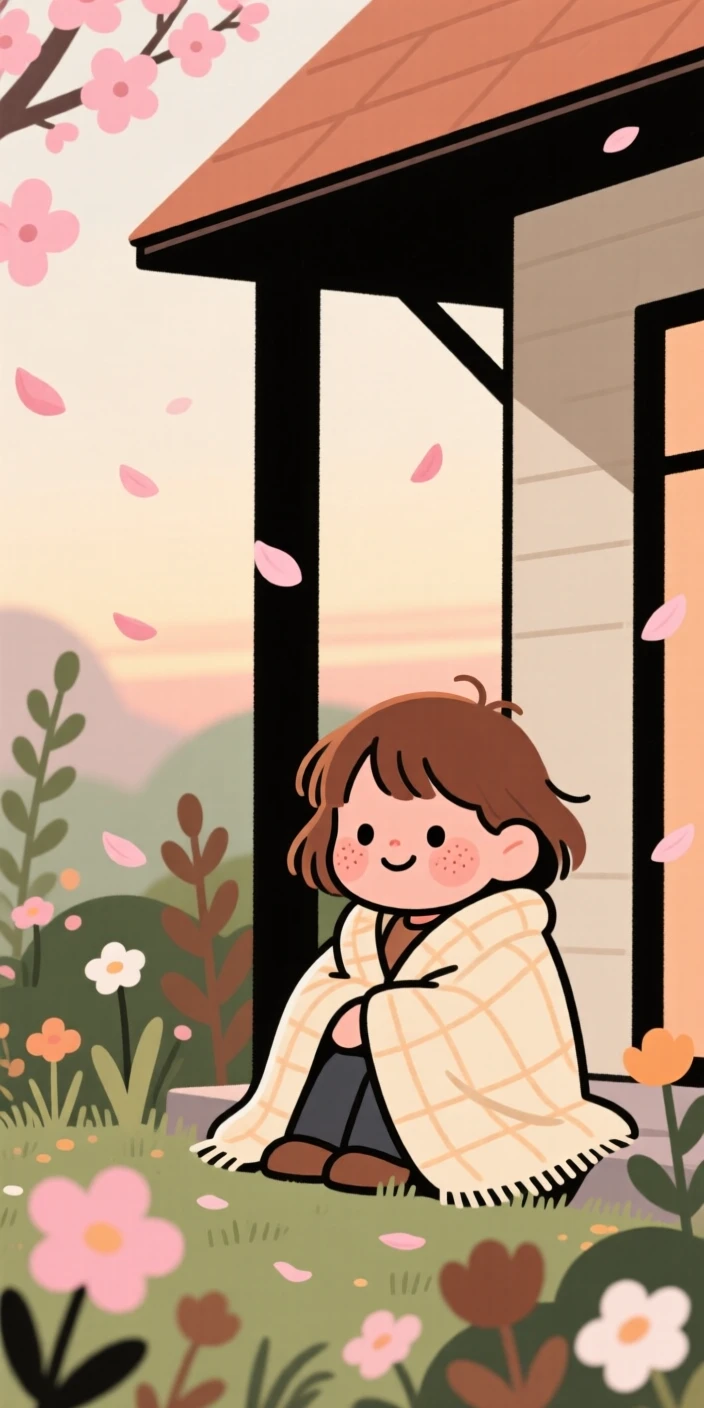 Soft spring petals falls over a sleeping garden as a child watches from beneath a porch awning, wrapped warmly against the cool evening air.