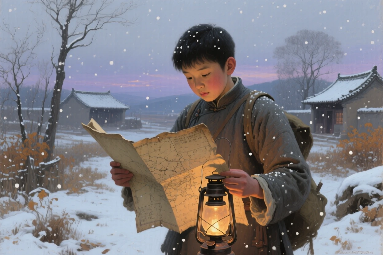 A medium shot of a young explorer studying a worn map by lantern light, in gentle falling snow, in rural China.