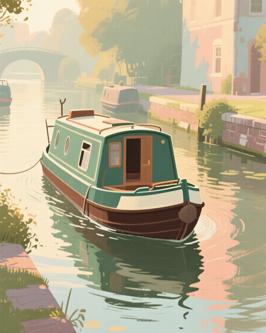 A hand-painted canal boat gliding along a quiet waterway