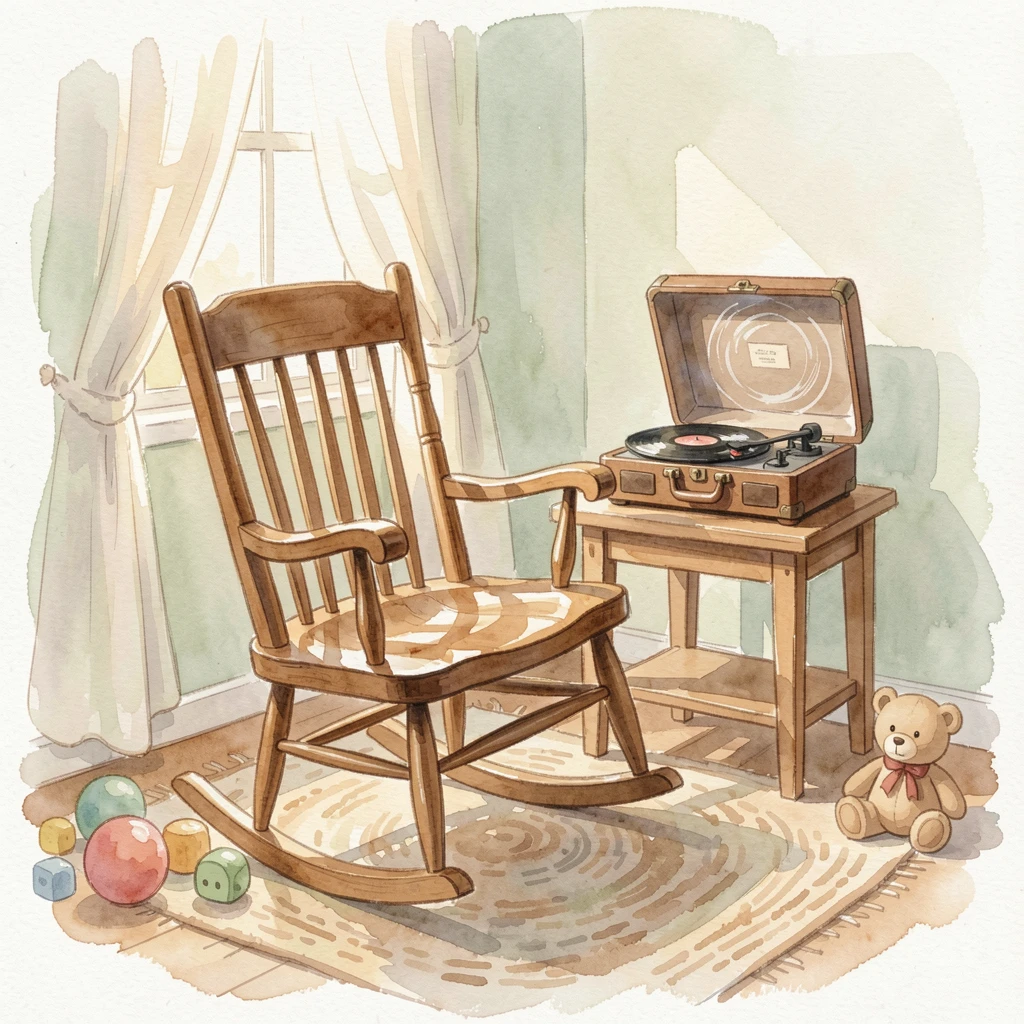 A nursery with a wooden rocking chair with a record player softly spinning.