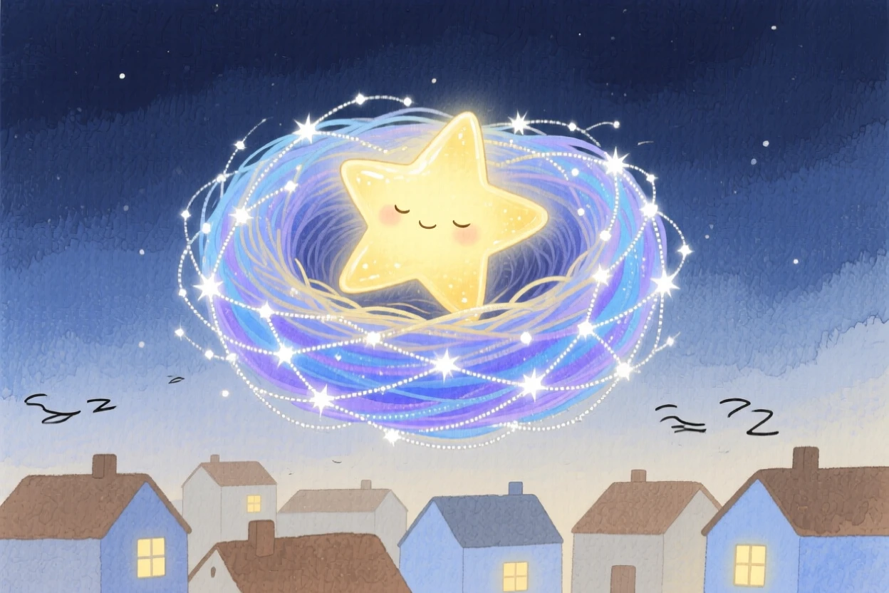 A tiny star creature with a glowing core rests inside a nest made of twinkling constellations above a sleeping town