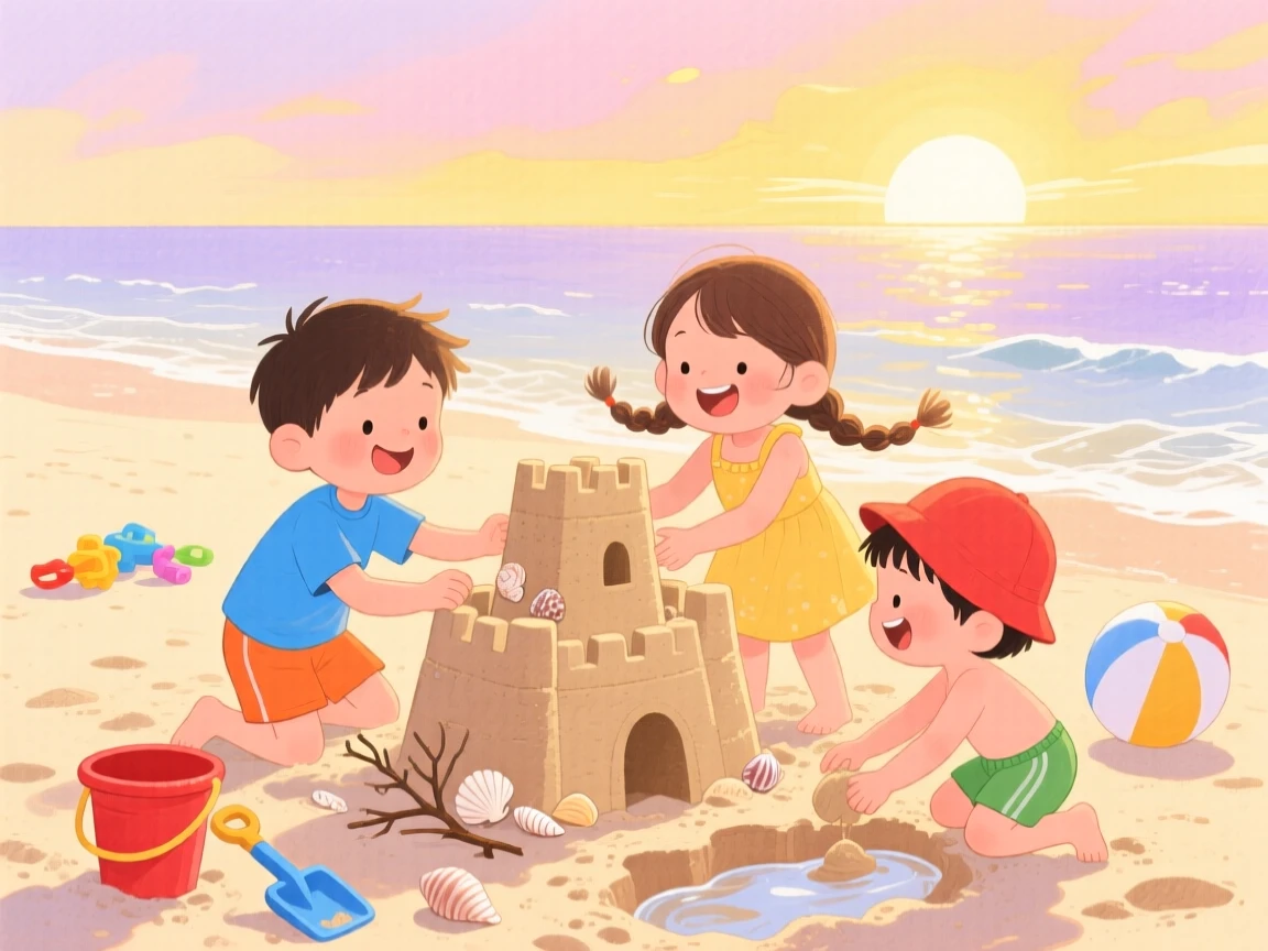 A festive scene of children building sandcastles during a golden summer sunset.