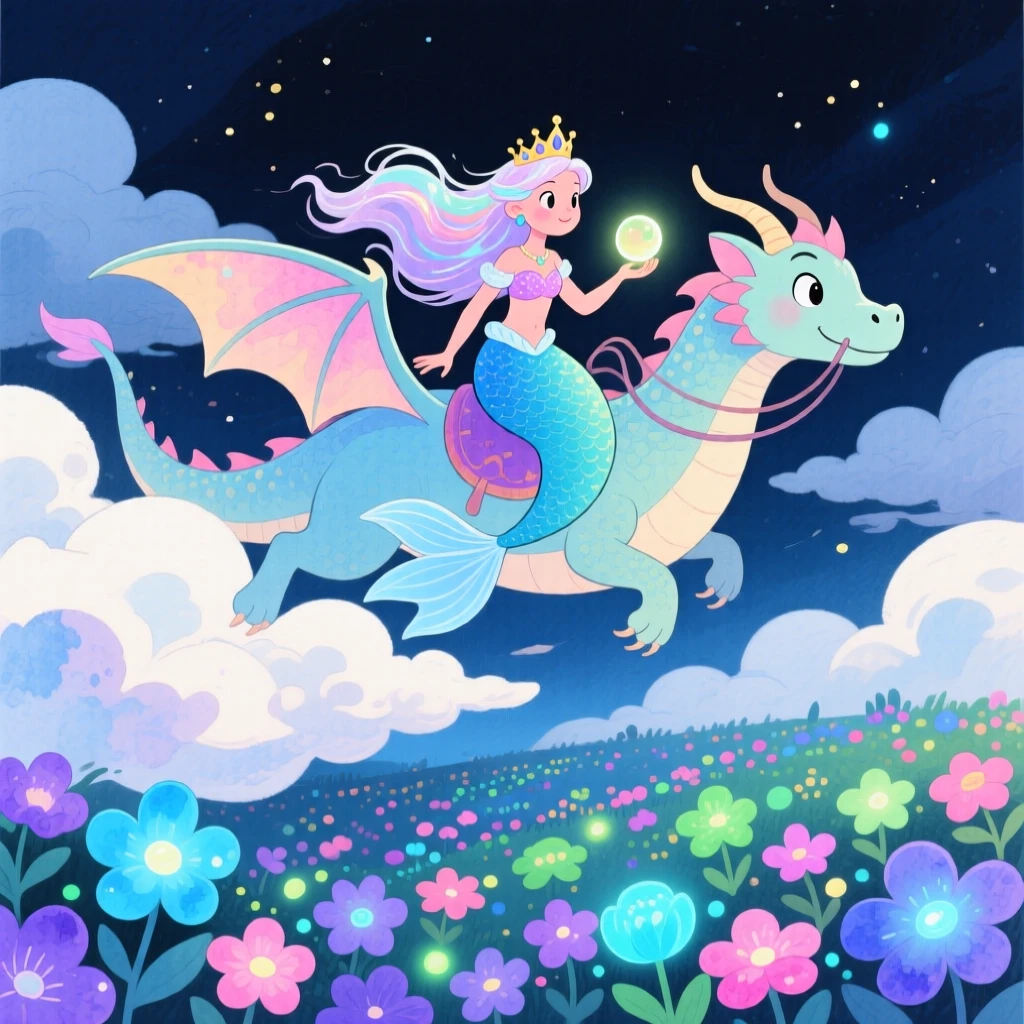A mermaid princess riding a friendly dragon soaring above the clouds, in a magical garden where flowers glow at night, evoking a sense of epic adventure and courage.